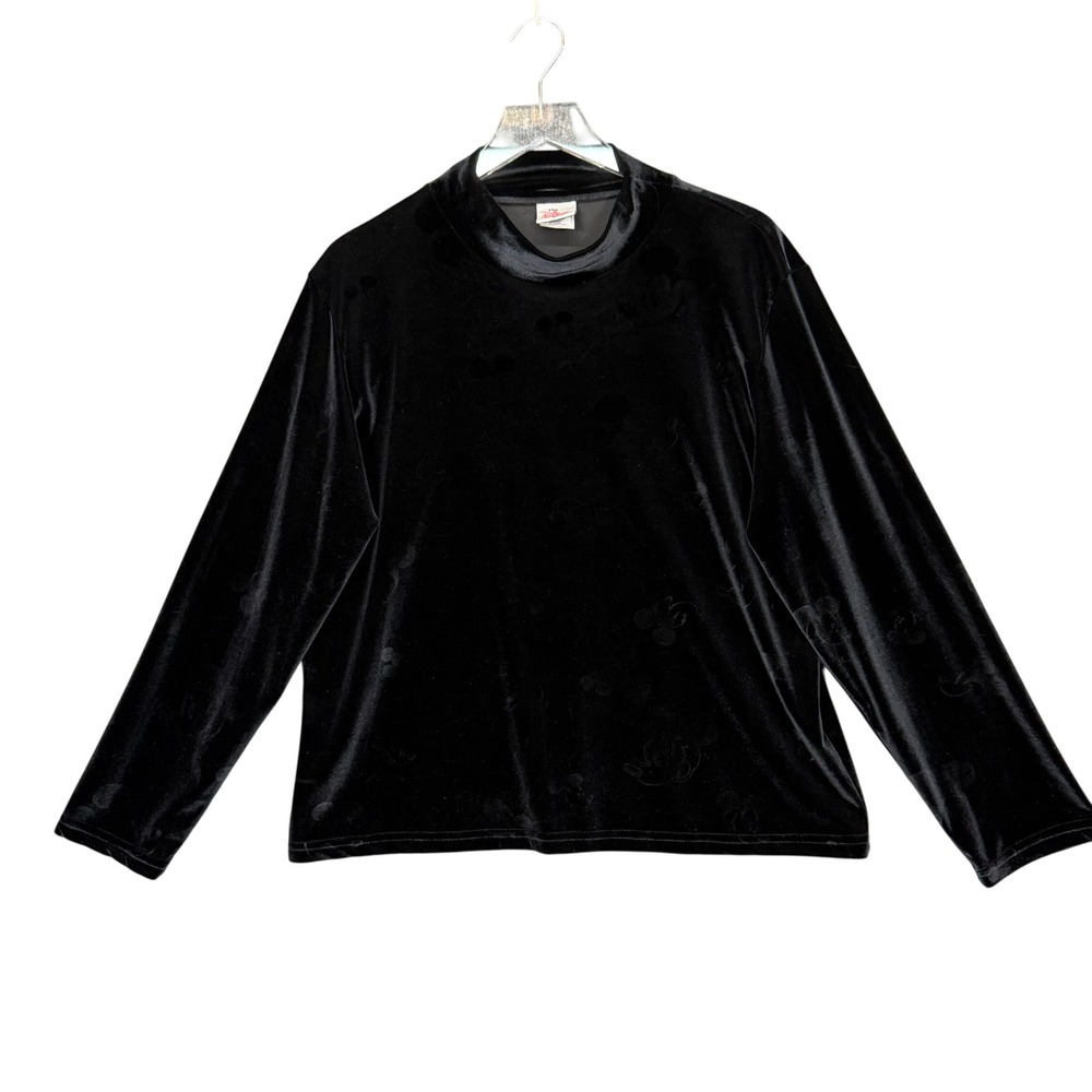 Disney Store Shirt Womens XL Black Velvet Mock Neck Mickey Mouse Print Vintage